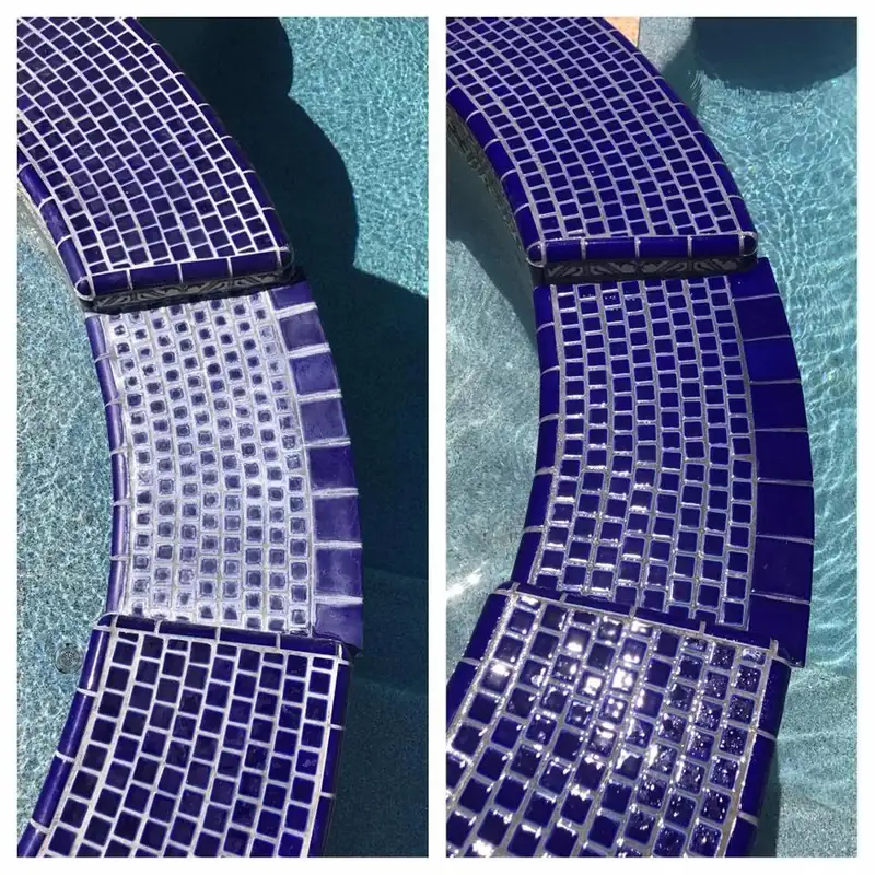 Cobalt mosaic tile on a spa bench seat, chalky white in one frame and deep blue in the other