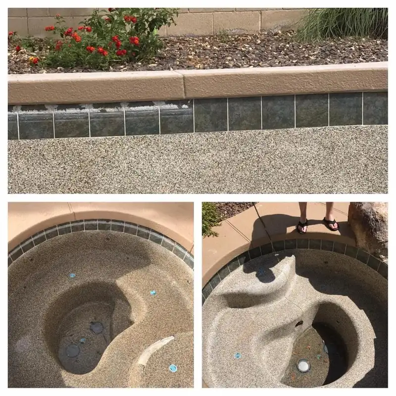 A tile band and a Pebble Tec spa shown in several frames, one with a pair of sandals on the deck