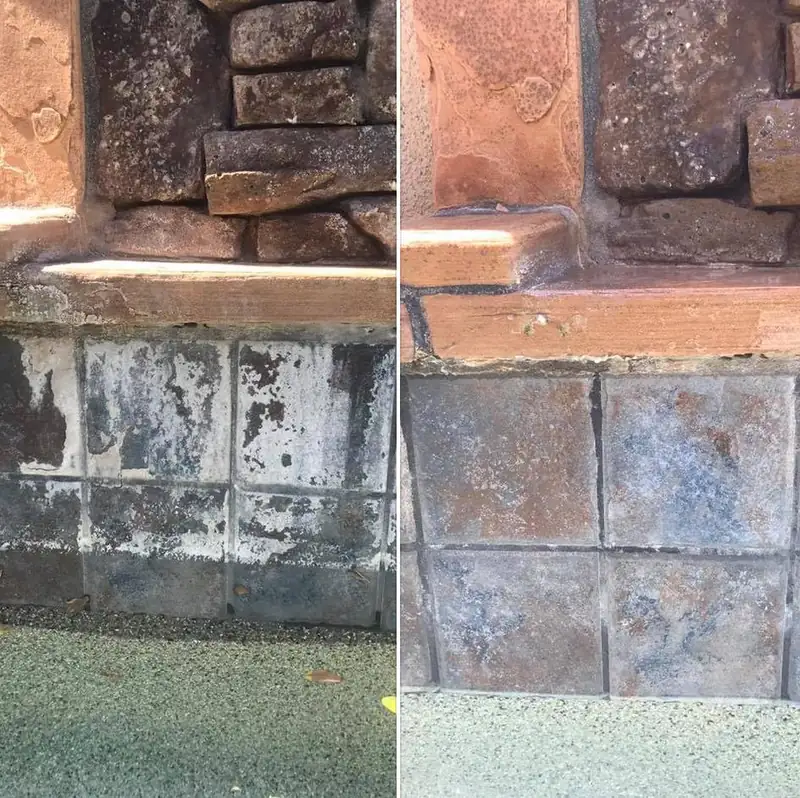 Stacked stone and painted deck tile beside a pool, before and after