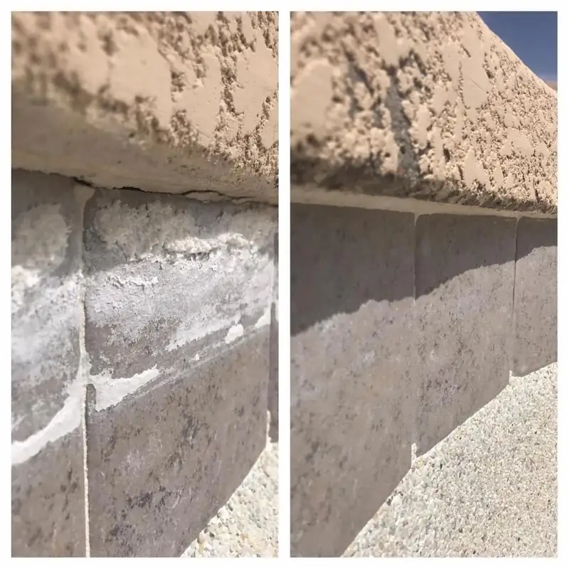 Close view of stone tile under a stucco coping, streaked with white calcium in one frame and even in the next