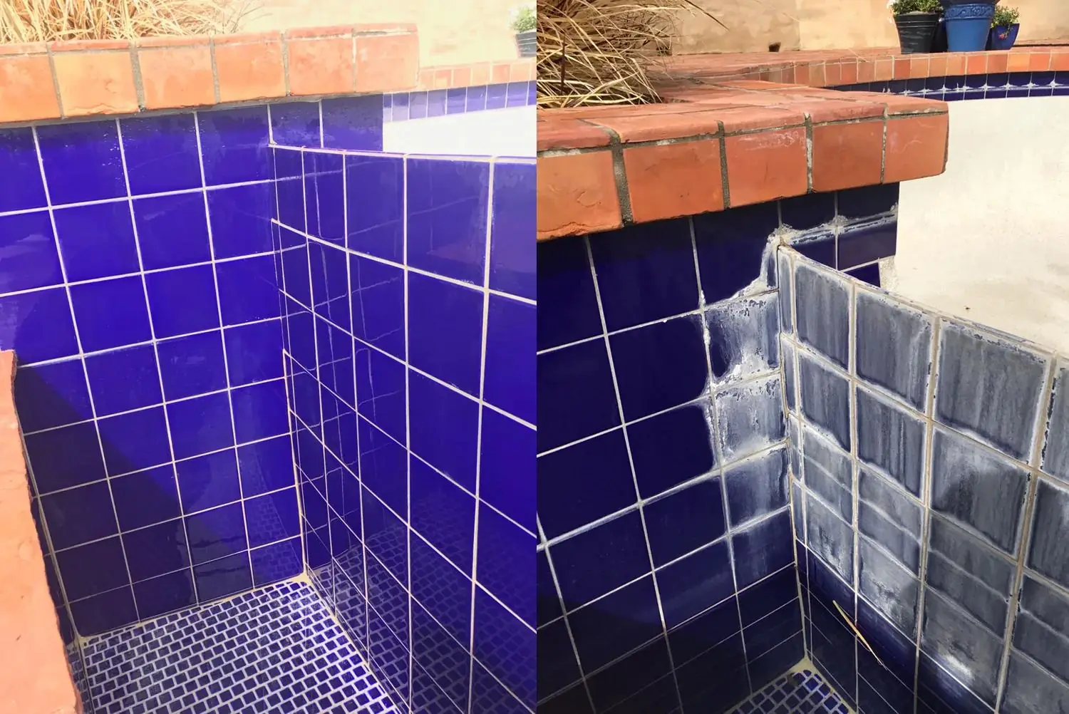 Cobalt blue spa tile under terracotta coping: glossy and even in one frame, streaked grey-white with calcium in the other