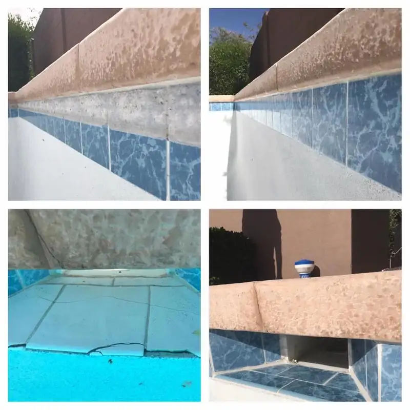 Four views of blue waterline tile bands and a cracked tile edge where the deck shifted, before and after