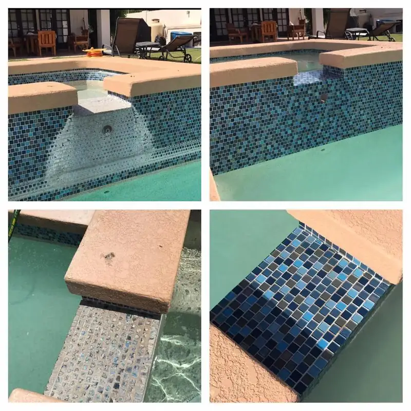 Glass mosaic tile under a sandstone coping and a waterfall scupper, chalky before and deep blue after