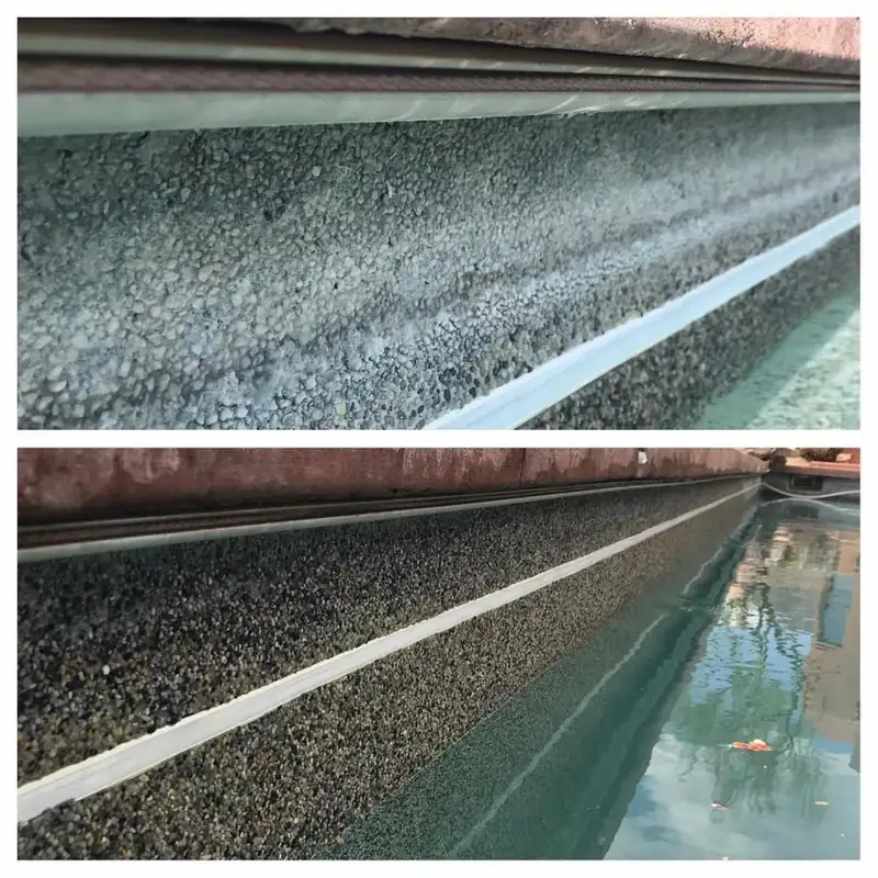 Pebble Tec at the waterline under a travertine coping, before and after