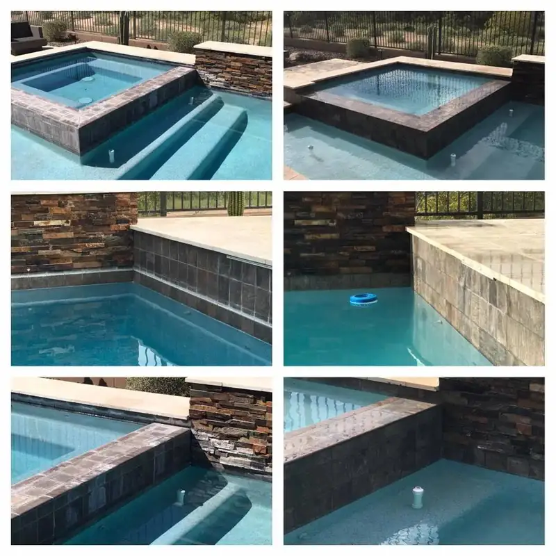 A stone-faced raised spa spilling into a pool, shown in six frames before and after cleaning